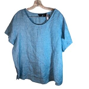 Tahari top women 1X blue short sleeve linen high low hem Summer minimalist